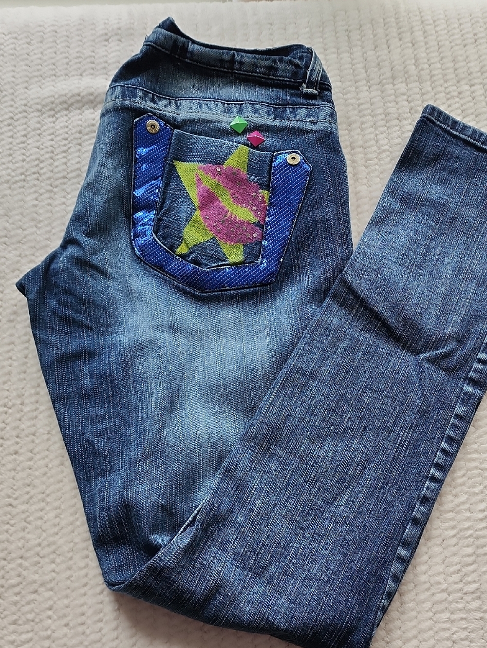 Akademiks Denim Jeans Blue Sequin Trim Pockets Slim Straight Jeans Unisex